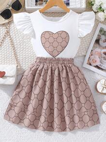 SHEIN Tween Girl Heart Print Ruffle Trim Tee & Allover Print Skirt - Multicolor - View 1