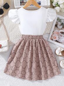 SHEIN Tween Girl Heart Print Ruffle Trim Tee & Allover Print Skirt - Multicolor - View 2