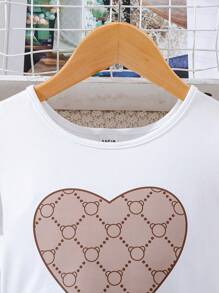 SHEIN Tween Girl Heart Print Ruffle Trim Tee & Allover Print Skirt - Multicolor - View 3