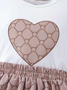 SHEIN Tween Girl Heart Print Ruffle Trim Tee & Allover Print Skirt - Multicolor - View 4