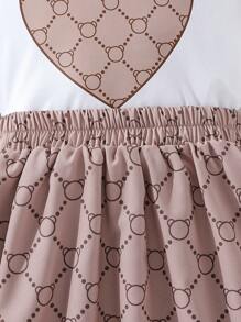 SHEIN Tween Girl Heart Print Ruffle Trim Tee & Allover Print Skirt - Multicolor - View 5