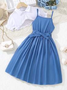 Chicas Camisa súper crop ribete fruncido & Vestido de tirantes con cinturón - Azul y blanco - Ver 1
