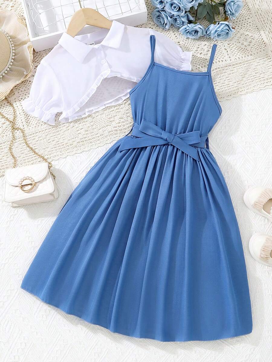 Chicas Camisa súper crop ribete fruncido & Vestido de tirantes con cinturón - Azul y blanco - Ver 1