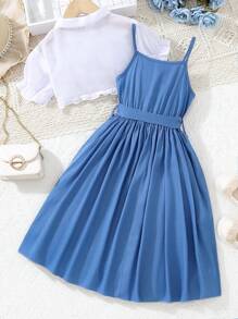 Chicas Camisa súper crop ribete fruncido & Vestido de tirantes con cinturón - Azul y blanco - Ver 2