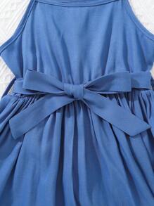 Chicas Camisa súper crop ribete fruncido & Vestido de tirantes con cinturón - Azul y blanco - Ver 3