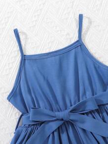 Chicas Camisa súper crop ribete fruncido & Vestido de tirantes con cinturón - Azul y blanco - Ver 4