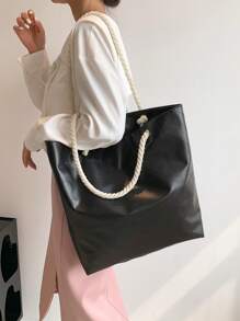 绗缝细节单肩托特包，母亲节礼物，适合送给妈妈、女性、新手和白领人士 - 黑色 - 查看 6