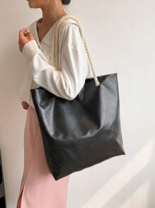 绗缝细节单肩托特包，母亲节礼物，适合送给妈妈、女性、新手和白领人士 - 黑色 - 查看 2