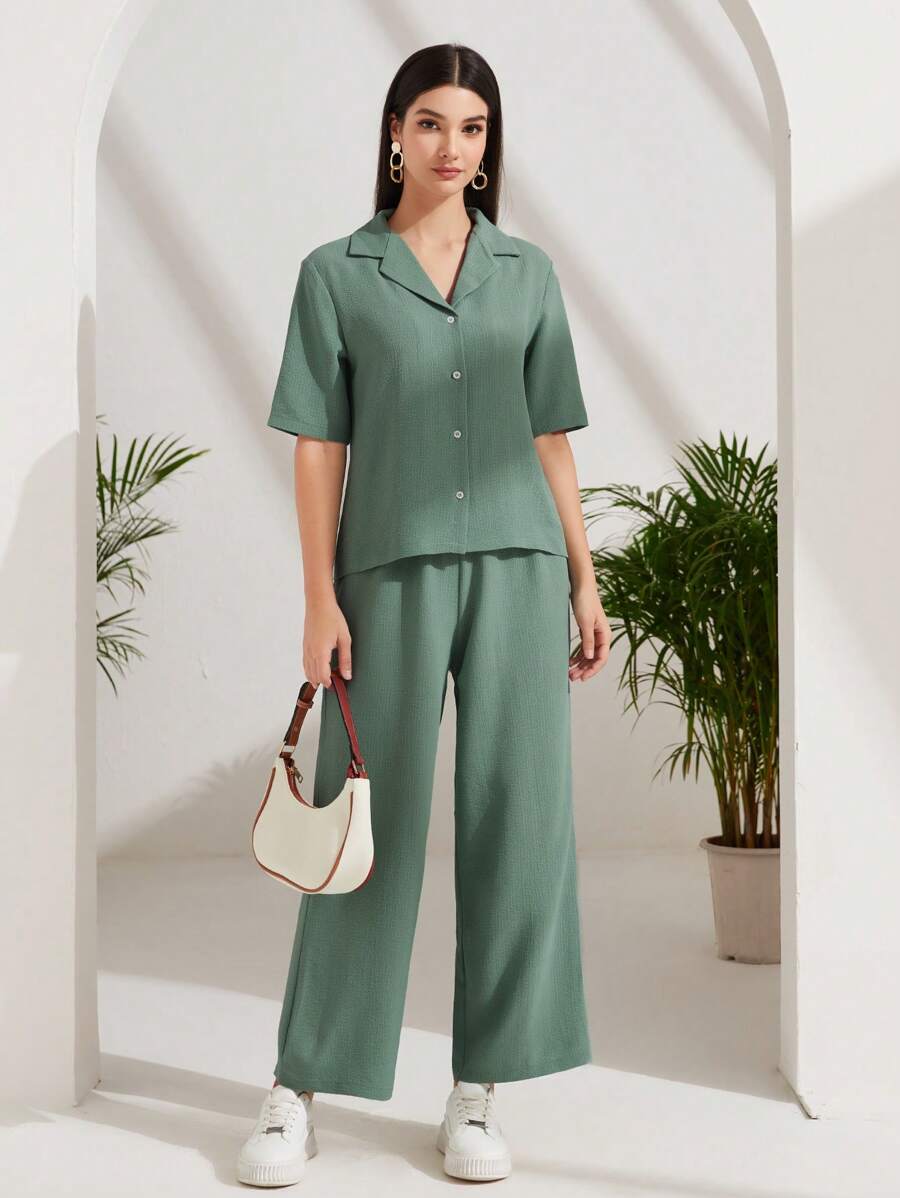 Mulvari Lapel Collar Button Front Shirt & Wide Leg Trousers - Green - View 1