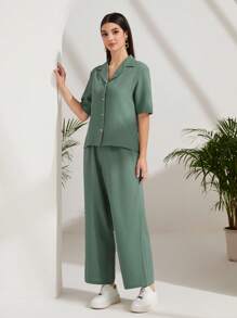 Mulvari Lapel Collar Button Front Shirt & Wide Leg Trousers - Green - View 3