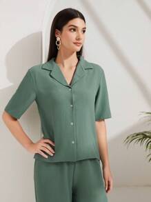 Mulvari Lapel Collar Button Front Shirt & Wide Leg Trousers - Green - View 5