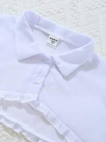 Chicas Camisa súper crop ribete fruncido & Vestido de tirantes con cinturón - Azul y blanco - Ver 7