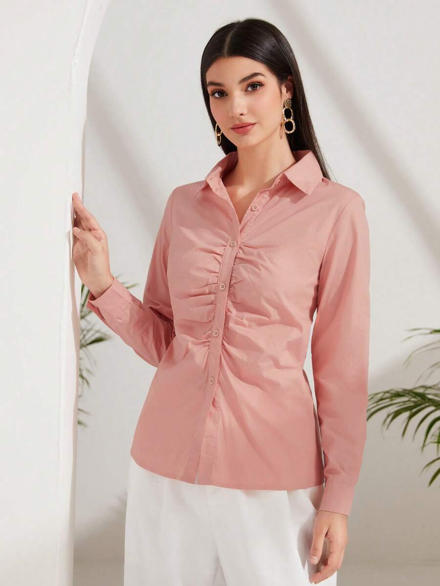 Mulvari Áo sơ mi nữ Xù Nút phía trước màu trơn Giải trí - Màu Hồng  San hô - Xem 1