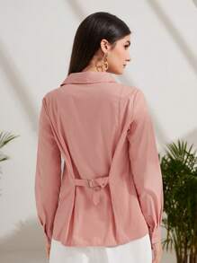 Mulvari Áo sơ mi nữ Xù Nút phía trước màu trơn Giải trí - Màu Hồng  San hô - Xem 2