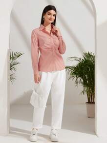 Mulvari Áo sơ mi nữ Xù Nút phía trước màu trơn Giải trí - Màu Hồng  San hô - Xem 5