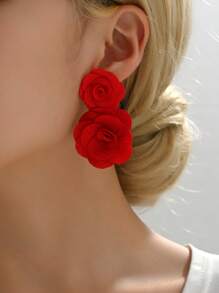 1pair Red Color Fashionable Exaggerated 3d Flower Pendant Earrings For Outdoor Activities And Parties Valentines,Mom,Mother,Mother's Day,Gift - Red - View 13
