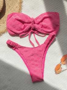 Swim Mod Summer Beach Solid Bandeau Bikini Set - Pink - View 1