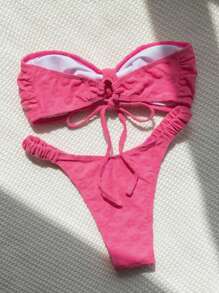 Swim Mod Summer Beach Solid Bandeau Bikini Set - Pink - View 2