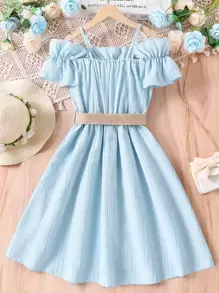 Vestido Con Cinturón Para Niñas Adolescentes Con Hombros Fríos, Con Detalle De Volantes - Azul - Ver 2