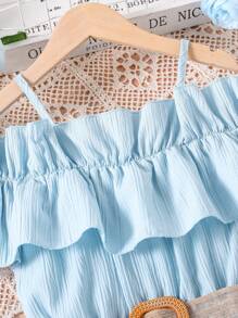 Vestido Con Cinturón Para Niñas Adolescentes Con Hombros Fríos, Con Detalle De Volantes - Azul - Ver 6