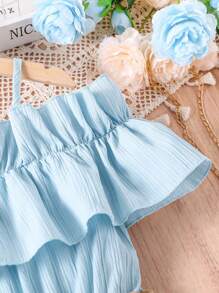 Vestido Con Cinturón Para Niñas Adolescentes Con Hombros Fríos, Con Detalle De Volantes - Azul - Ver 8
