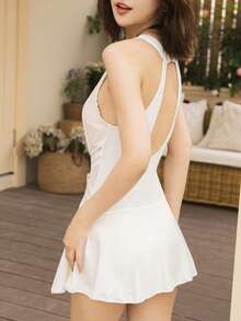 Solid Halter Neck One Piece Swimsuit - Beige - View 2