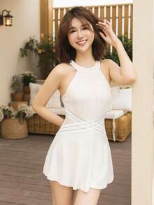 Solid Halter Neck One Piece Swimsuit - Beige - View 5