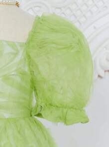 SHEIN Trang phục tiệc cho bé gái Tương phản Mesh viền lá sen Dây kéo màu trơn Buổi tiệc - Màu xanh chanh - Xem 3