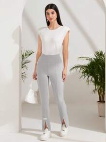 Seusyu 字母補丁細節下擺開叉長褲 - 淺灰色 - 查看 4