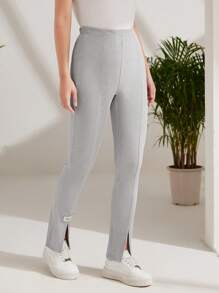 Seusyu 字母補丁細節下擺開叉長褲 - 淺灰色 - 查看 5