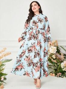 Mulvari Đầm Plus Size Thắt lưng Viên lá sen Nút phía trước Hoa Boho - Màu xanh bạc hà - Xem 1