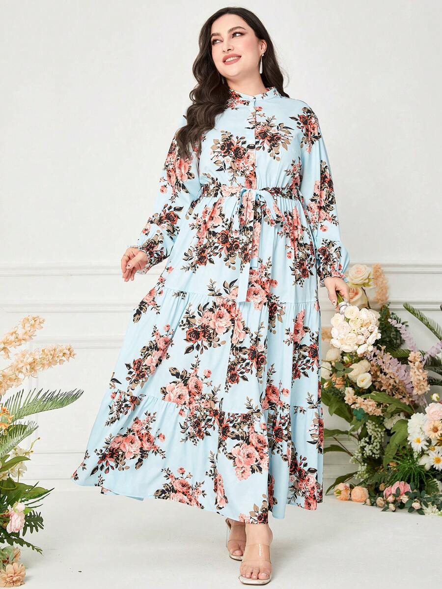 Mulvari Đầm Plus Size Thắt lưng Viên lá sen Nút phía trước Hoa Boho - Màu xanh bạc hà - Xem 1
