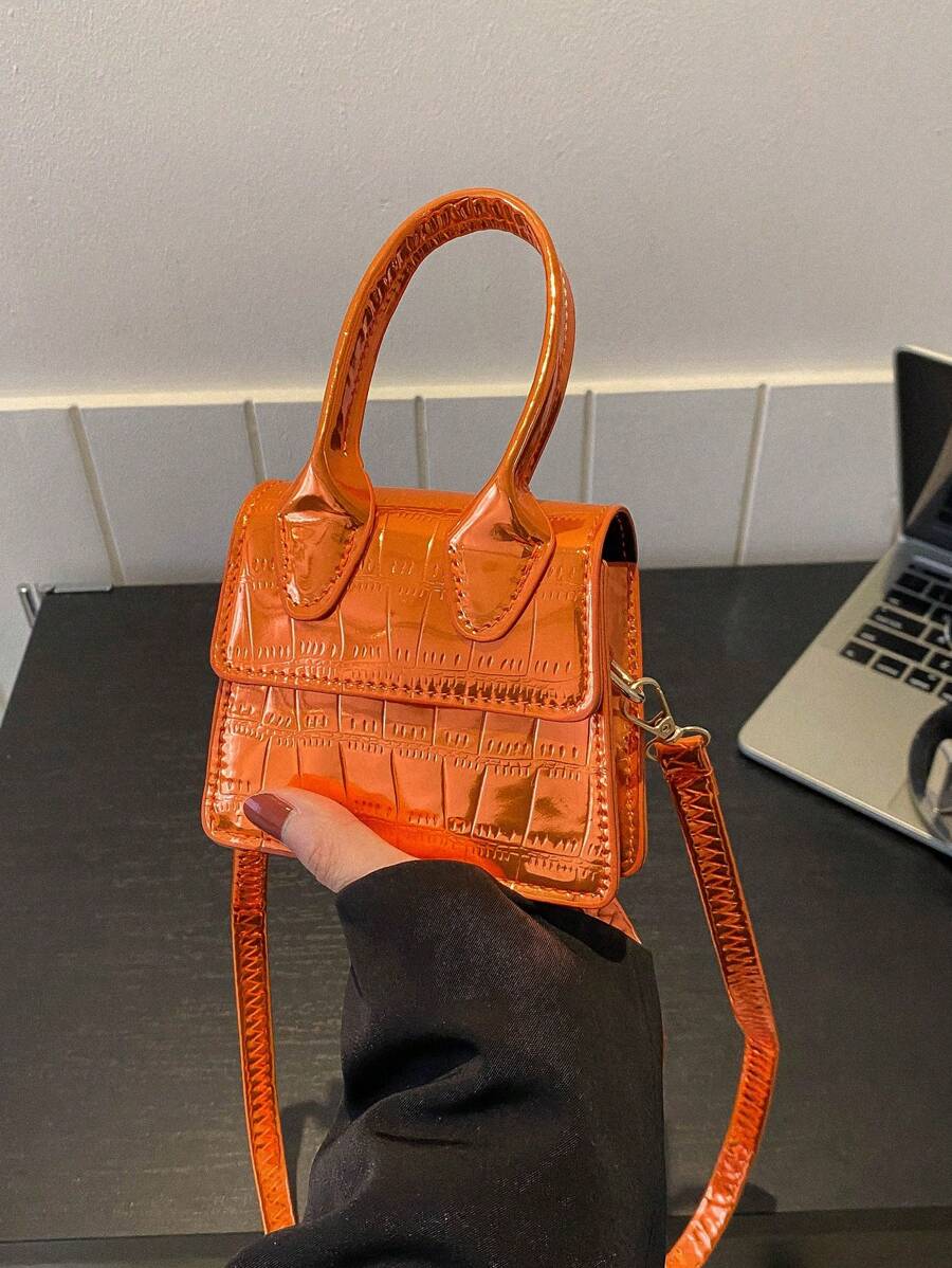 迷你方包鱷魚壓紋頂部單條提帶前衛 - 橘色 - 查看 1
