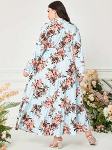 Mulvari Đầm Plus Size Thắt lưng Viên lá sen Nút phía trước Hoa Boho - Màu xanh bạc hà - Xem 2