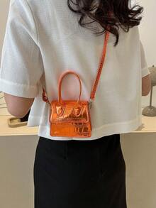 迷你方包鱷魚壓紋頂部單條提帶前衛 - 橘色 - 查看 2