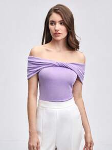 BizChic Off Shoulder Twist Front Top - Lilac Purple - View 1