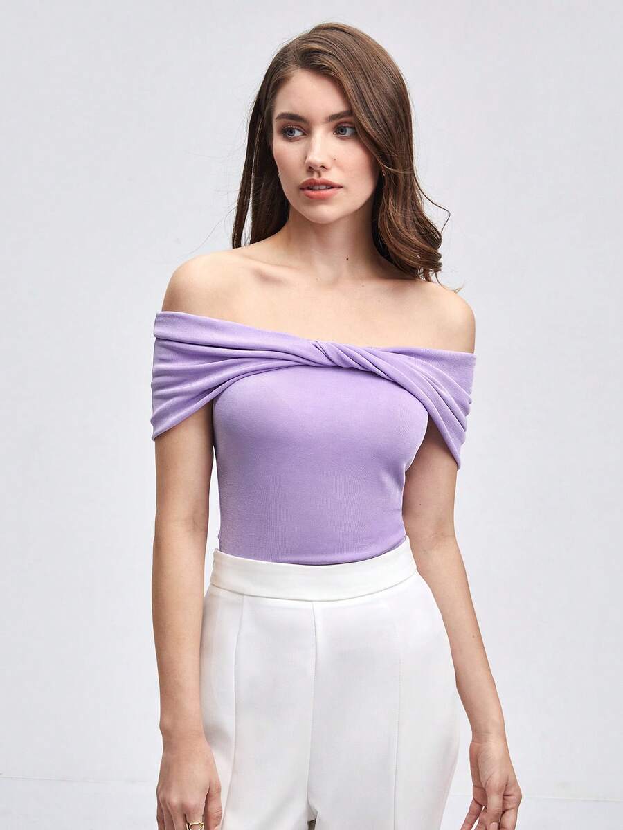 BizChic Off Shoulder Twist Front Top - Lilac Purple - View 1