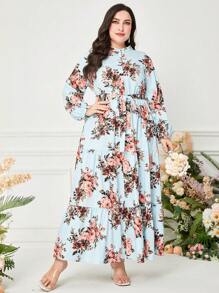 Mulvari Đầm Plus Size Thắt lưng Viên lá sen Nút phía trước Hoa Boho - Màu xanh bạc hà - Xem 3