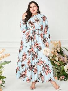 Mulvari Đầm Plus Size Thắt lưng Viên lá sen Nút phía trước Hoa Boho - Màu xanh bạc hà - Xem 4