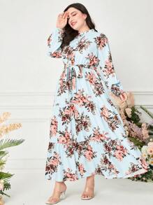 Mulvari Đầm Plus Size Thắt lưng Viên lá sen Nút phía trước Hoa Boho - Màu xanh bạc hà - Xem 5