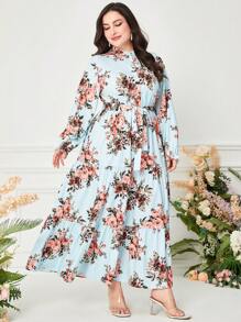 Mulvari Đầm Plus Size Thắt lưng Viên lá sen Nút phía trước Hoa Boho - Màu xanh bạc hà - Xem 6