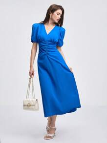 BizChic 素色前收褶泡泡袖洋裝工作服 - 寶藍色 - 查看 2