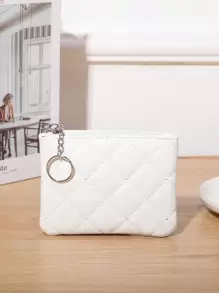 Solid Colour Coin Purse Quilted Zipper - White - View 1