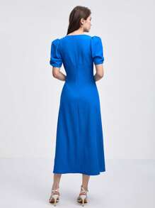 BizChic 素色前收褶泡泡袖洋裝工作服 - 寶藍色 - 查看 3