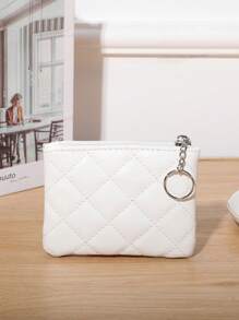 Solid Colour Coin Purse Quilted Zipper - White - View 2