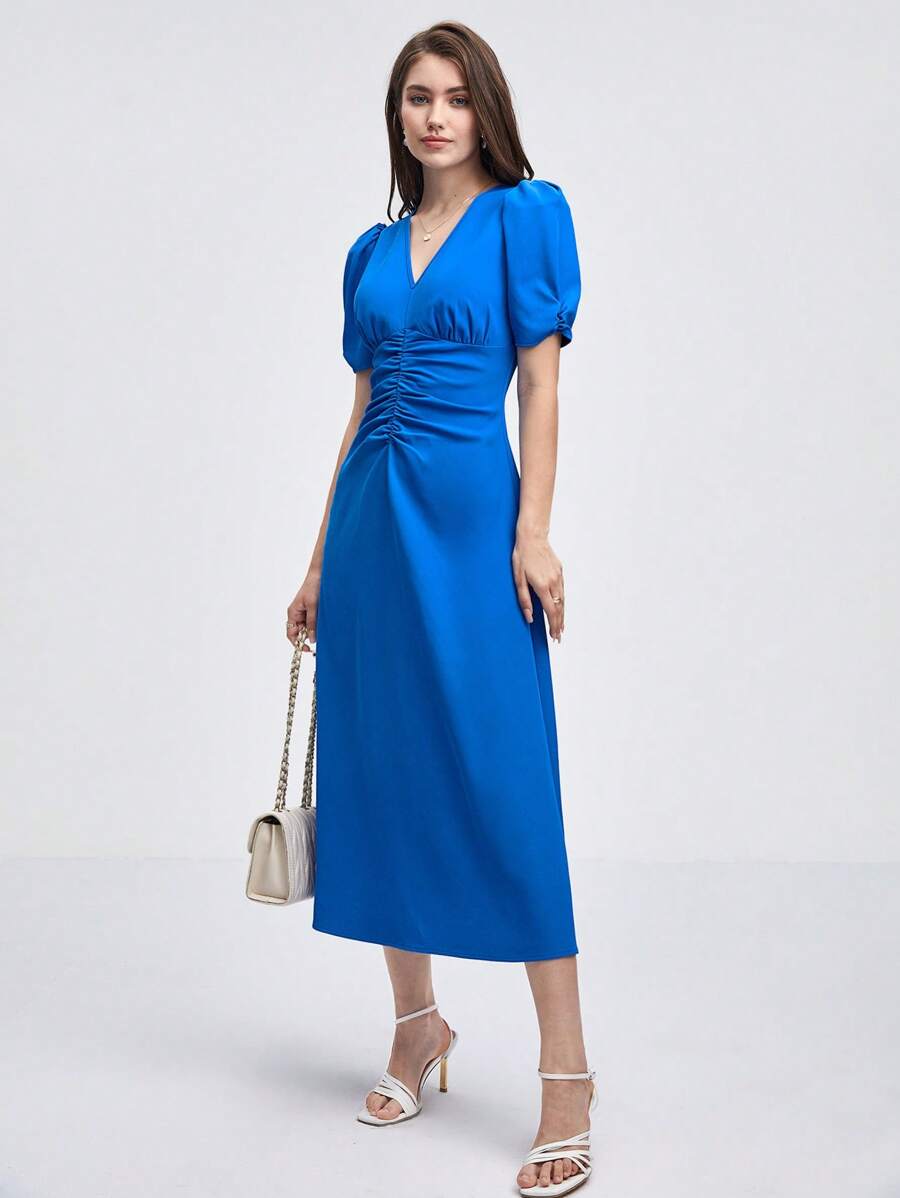 BizChic 素色前收褶泡泡袖洋裝工作服 - 寶藍色 - 查看 1