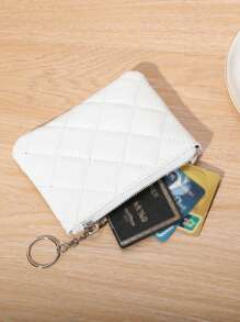 Solid Colour Coin Purse Quilted Zipper - White - View 4