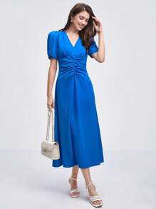 BizChic 素色前收褶泡泡袖洋裝工作服 - 寶藍色 - 查看 5