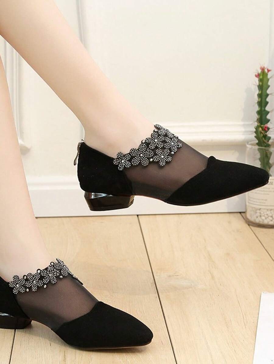 Glamorous Black Flats For Women, Rhinestone Decor Faux Suede Point Toe Flats - Black - View 1