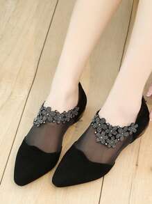 Glamorous Black Flats For Women, Rhinestone Decor Faux Suede Point Toe Flats - Black - View 2